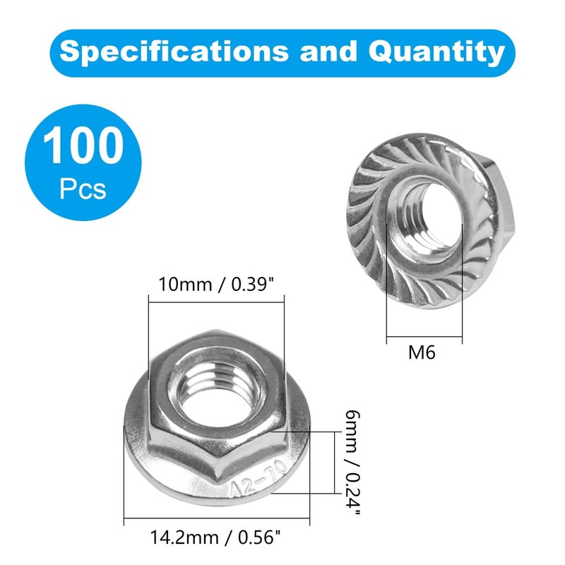 Yinpecly 100 Pcs M6 x 1mm Serrated Flange Hex Nuts, M6 Hexagon Flange Nuts,304 Stainless Steel, Metric Hex Lock Nuts, Locknuts Replacement Nut Full Thread for Industrial Construction Fasteners - Image 2